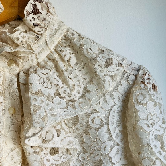 70s Vintage 🩷 Victorian Style Cream Ruffled Lace High Collar Blouse 1970s VTG - Picture 6 of 6